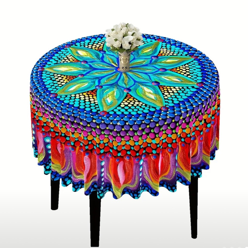 Colorful Mandala Round 63” Boho Tablecloth